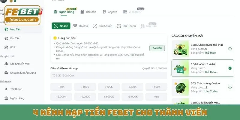 4 kênh nạp tiền FEBET cho thành viên