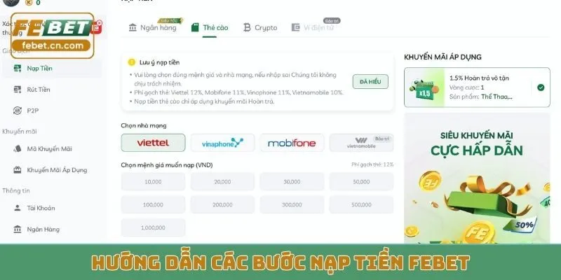 Hướng dẫn các bước nạp tiền FEBET