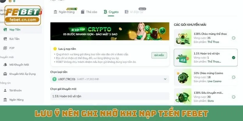 Lưu ý nên ghi nhớ khi nạp tiền FEBET